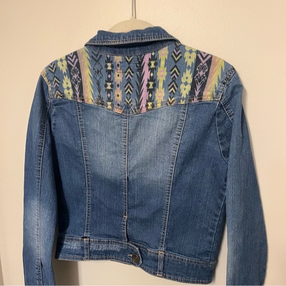 JOLT Womens Denim Jean Jacket Size S Short Style Stretch Panel Design Aztec EUC - Picture 9 of 9